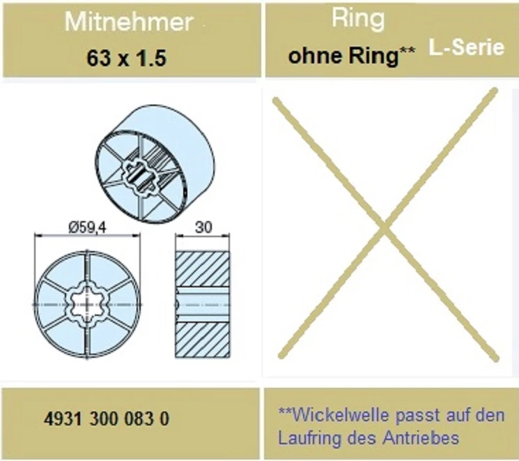 Adapter für Rundrohr 63 x 1.5 , für Rohrmotoren Becker Baureihe L  Serie