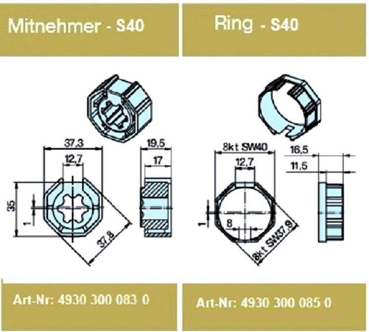 Adapterset für Achtkatwelle S40 ,für Rohrmotoren Becker Baureihe P Serie, Typ P5 - P13