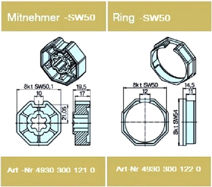 Adapterset für Achtkatwelle SW50 ,für Rohrmotoren Becker Baureihe P und R Serie