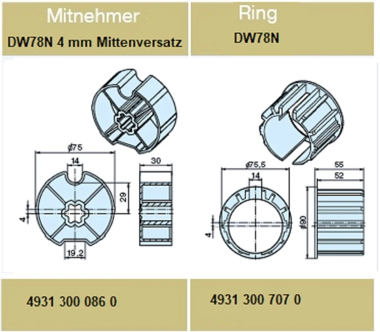 Adapterset für Nutwelle DW78N 4mm Mittelversatz , für Rohrmotore Becker Baureihe L