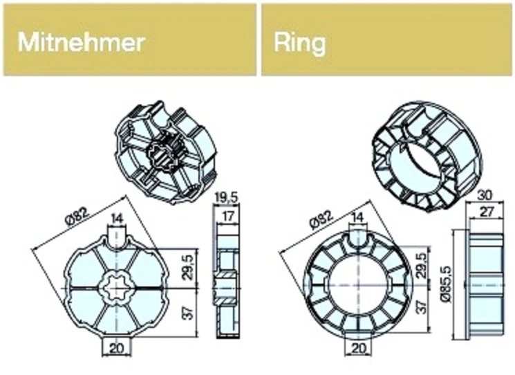 Adapterset für Nutwelle DW85N ab 40Nm für Rohrmotore Becker Baureihe R Serie, aus Zink-Druckguss