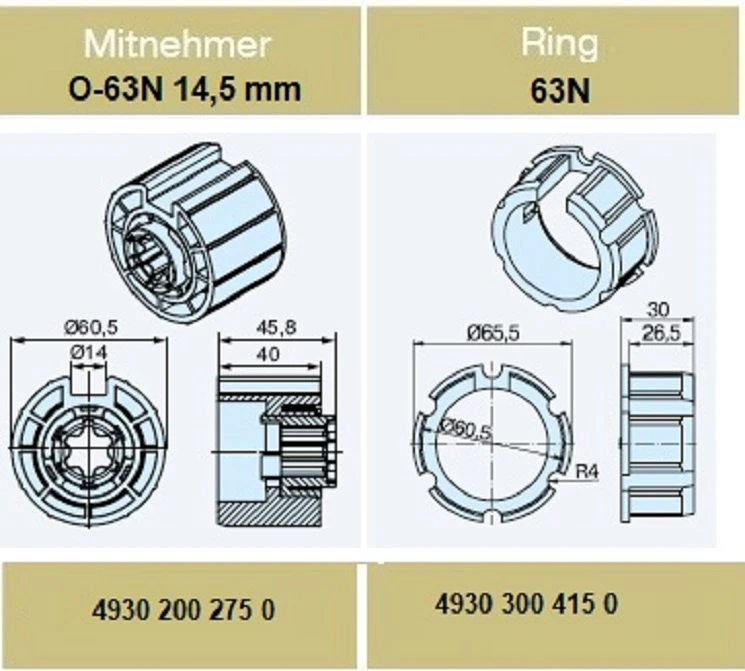 Adapterset für Nutwelle O-63N 14,5 mm  für Rohrmotoren Becker Baureihe P und R Serie  mit  Hinderniserkennung