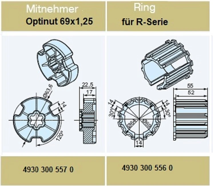 Adapterset für Nutwelle Optinut 69x 1,25mm , für Rohrmotore Becker Baureihe R