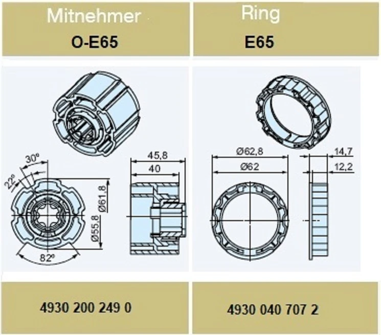 Adapterset für Profilwelle O-E65, für Rohrmotoren Becker Baureihe P und R Serie mit Hinderniserkennung