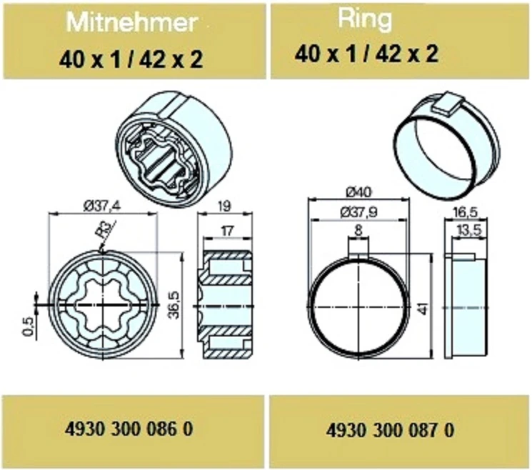 Adapterset für Rundrohr 40 x 1 / 42 x 2 ,für Rohrmotore Becker Baureihe P