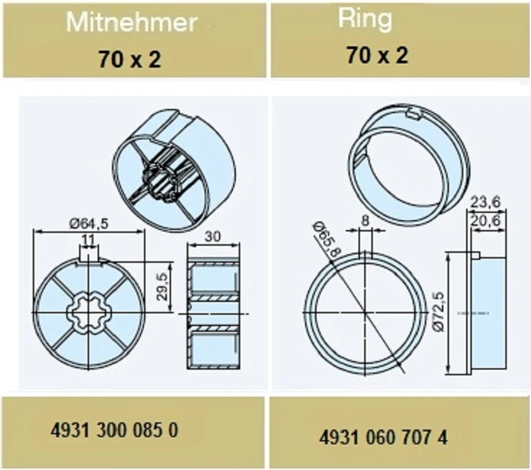 Adapterset für Rundrohr 70 x 2 , für Rohrmotoren Becker Baureihe L Serie