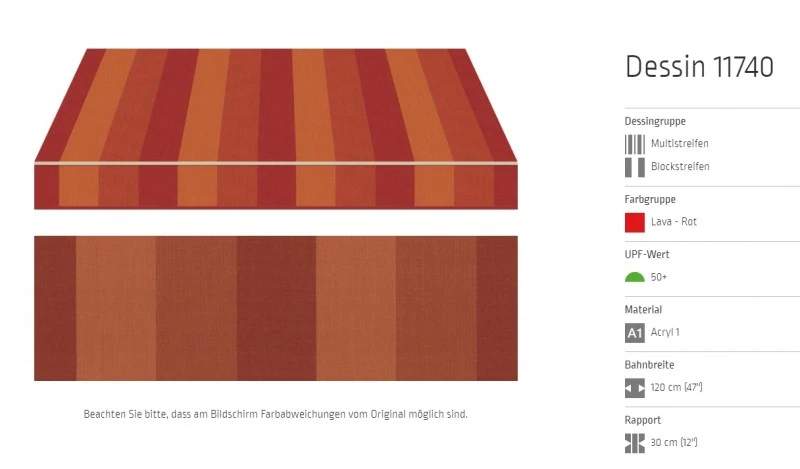 Markisentuch Multi und Blockstreifen, Lava - Rot UPF 50+, Acryl 1, Stoff-Nr. 11740