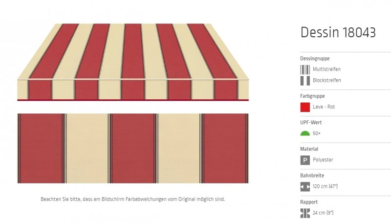 Markisentuch Multi und Blockstreifen, Lava - Rot UPF 50+, Polyester, Stoff-Nr. 18043