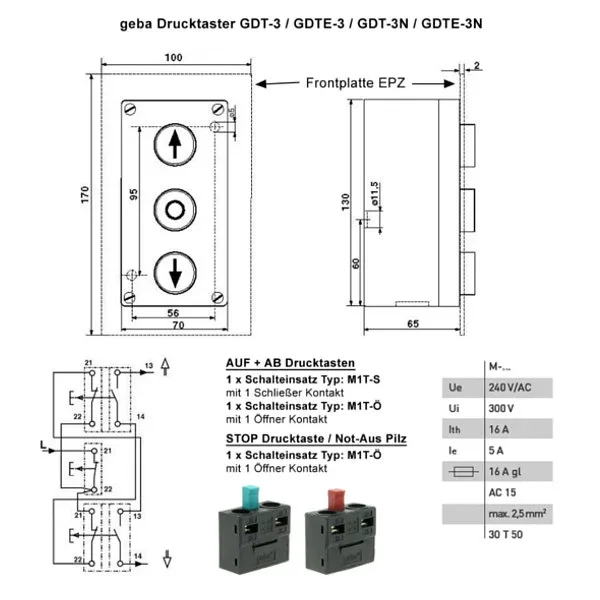 WTS - Dreifach-Drucktaster aus Metall Aufputz mit AUF + HALT + ZU Taste und wassergeschützt IP 65